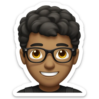 young man with a white and a friendly, confident smile. He has short dark hair and is wearing round glasses. He's dressed in a plain black t-shirt and he is working on a mac sticker