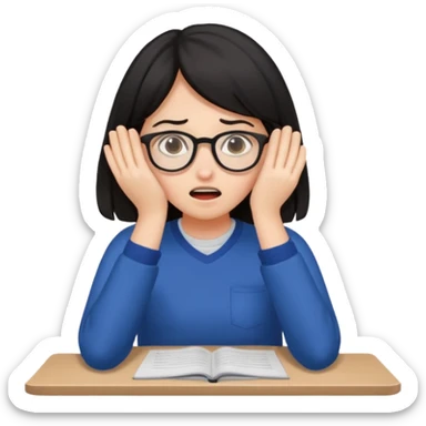 A dark-haired student panics during an exam, covering her face with her hands and not knowing what to do. sticker