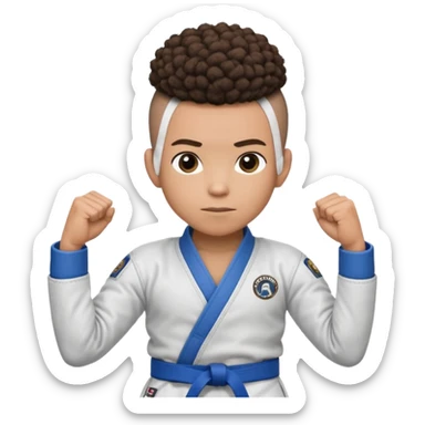 Mixed race boy BJJ instructor with pony tail afro hair and shaved bald sides haircut, Make the hair brown and the belt blue. Add the roger Gracie academy logo on the go also and the p logo of progress jiu jitsu on the right arm sleeve  at the top sticker