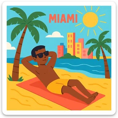 flat toon style of a person relaxing under the sun on Miami sand with bright colors and palm trees sticker