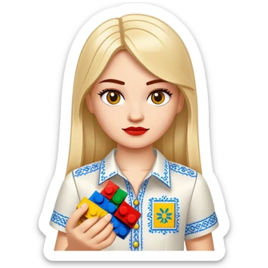 A Ukrainian girl in an embroidered shirt holds Lego bricks sticker