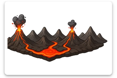 A stylized illustrated volcanic arc strip: a long chain of mountains with several erupting and dormant volcanoes, connected by glowing lava seams like a crack. The lava is vivid red-orange, slightly molten and glossy. The ridge feels like a map overlay symbol for plate boundaries and active volcanism. Clean cartoon-realistic style, smooth shading, sharp silhouette. No text, no labels. Pure white background (#FFFFFF). Wide banner composition, high resolution, 4K. sticker