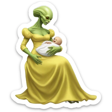  Reptilian alien woman, full body, in victorian jellow elegant dress, holds a newborn white humman baby sticker