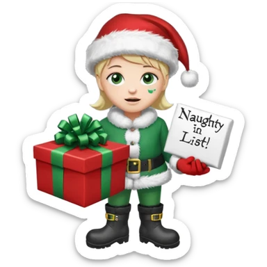 appears to be a naughty list with the words "NAUGHTY" written on top of it. It is sad with tears and wearing a Santa hat and has green boots and gloves. It is holding a present-looking chest in it's hands with coal inside. sticker