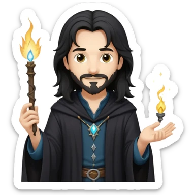 Sirius Black emoji, friendly smile, long hair, casual wizard outfit, holding small magical spark sticker