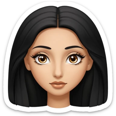 A arabic girl, who has long black styled silk hair, a bit of tan skin but not too tan. almond brown eyes that has black long lashes, small nose and full lips. and a bit of makeup like bronzer. and wearing a white tight top sticker