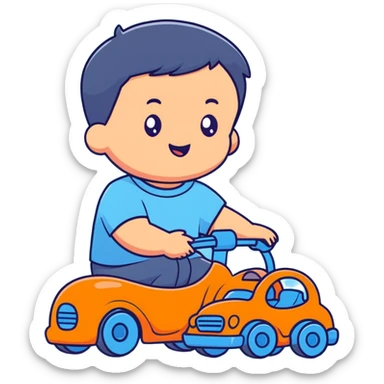 cute toddler boy with pastel blue clothes playing with a blue toy car sticker