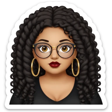 teen big plus size, latina, darker tan skin, gold hoops, long black curly hair, baddie,pretty, makeup, dark red lipgloss, black eyeliner, long hair, black top, black glasses sticker