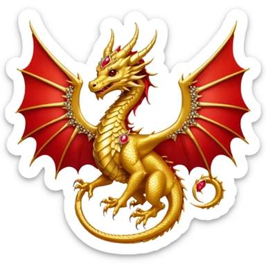 Golden Dragon with wings crest/brosch in a circle with red gems sticker