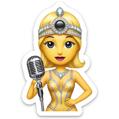 Create a glamorous and vibrant emoji representing stage vocal performance. The design should feature a classic vintage microphone at the center, surrounded by an eye-catching stage costume covered in rhinestones, sparkling brightly. The costume should be stylized, with glittering elements like sequins and sparkles, and reflect the glitzy, extravagant nature of show business. The microphone should have a sleek, retro look with chrome or metallic accents. Use rich, dazzling colors like gold, silver, deep purple, and bright red to evoke the glamorous, larger-than-life feel of a stage performance. The background should be transparent. sticker
