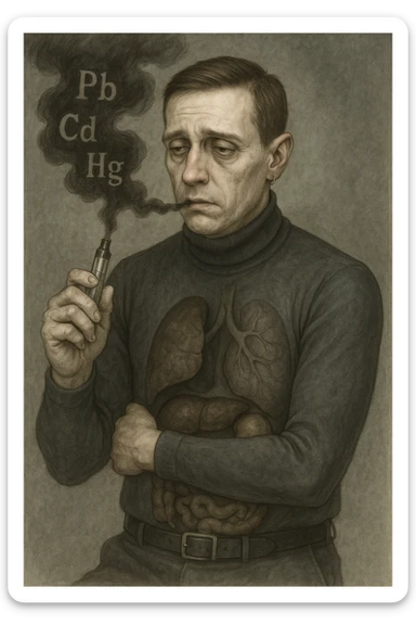 Realistic medical style illustration of a man aged 30-40 years with pale skin, dull eyes, and a tired face, inspired by the reference photo. He holds an electronic cigarette emitting dark smoke with chemical symbols Pb, Cd, Hg. His body is transparent showing dark liver and intestines. The atmosphere is gloomy with metallic colors, realistic medical style. sticker