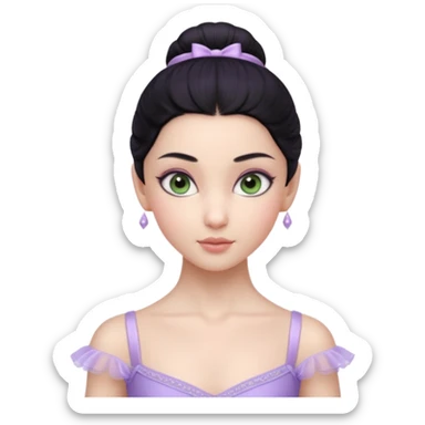 Cinematic Realistic ballerina Light Purple Portrait, depicted with lifelike skin texture, subtle rosy undertones, and soft natural lighting that enhances the gentle contours of her face. Her intricately detailed sweet black hair is elegantly styled, green eyes sticker