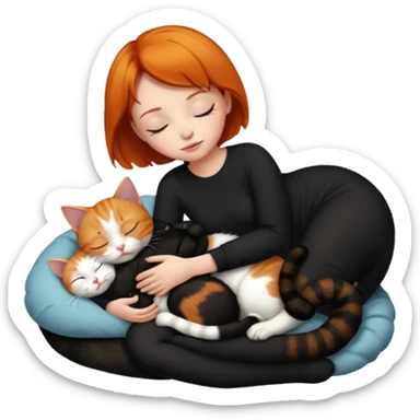 Ginger Girl short hair sleeping with two cats a black and a white bigger cat  sticker
