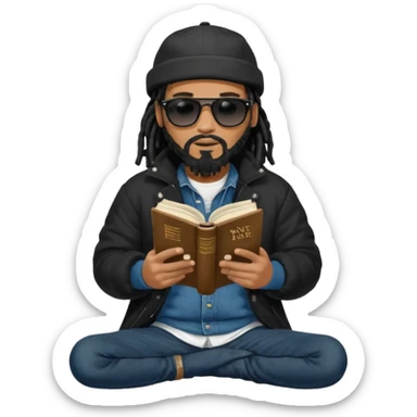 African American man with shoulder length black dreadlocks with black beard wearing black sunglasses wearing a black bubble winter coat wearing a black New York Yankees logo baseball cap wearing denim skinny jeans and Timberland boots reading a Bible sticker