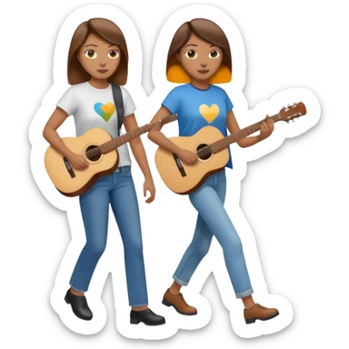 based on emoji style, like this "💁🏻‍♀️" "💁🏽‍♂️" "💁🏻", two people walking together, one is brown-haired woman, wearing business casual, holding a guitar; another one is a non-binary person, wearing t shirt and jeans. they are walking together. sticker