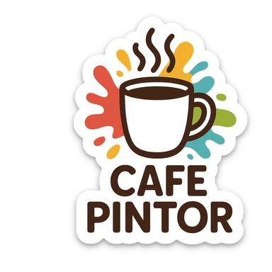 logo for 'CAFE PINTOR' with a steaming mug and abstract paint splashes, creative and friendly feel sticker