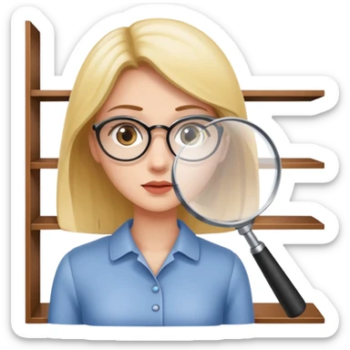 emoji of white empty shelf in perspective view with a woman nearby, she is looking at the shelfs with a magnifying glass sticker