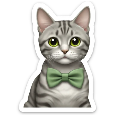 Aesthetic round-faced grey tabby British short hair full body cat with sage green bow tie sticker
