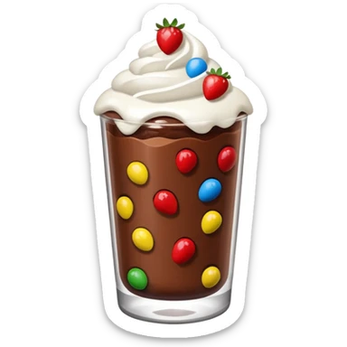 Un vaso cubierto de chocolate que arriba se vea crema batida fresas y mym sticker