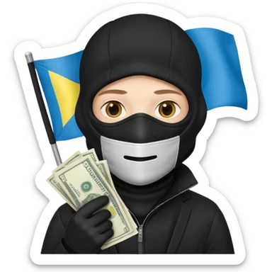 create an incredibly realistic white thief in a black suit and balaclava with a bag of money and a Ukrainian flag on it sticker