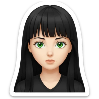 A white woman with Long straight hair with bangs, black hair, green eyes and a black low-cut shirt sticker