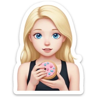 Blonde girl with pale skin and blue eyes and long hair in a black tank top with a light pink cookie sticker