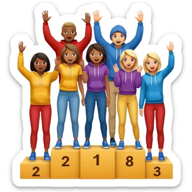 multi-racial group on a winners’ podium with middle step higher no numbers all in colorful jeans t-shirts and hoodies excited fun expressive emoji style sticker