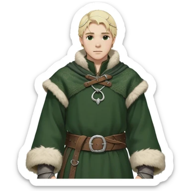 Medieval winter outfit worn by a DnD themed fantasy male character. Double-layered forest green wool tunic with bear fur lining, decorated with pewter toggle closures and a thick woven belt. Clothes only above the waist, full waist coverage. The character has no arms. Character is white-skinned with pale blonde hair, steel gray eyes, and medium-length wavy hair with frost-tipped ends sticker