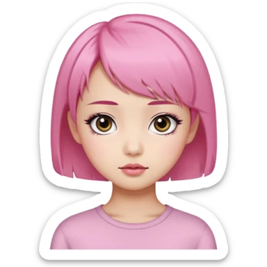 An Asian girl with Fashion pink short hair, big eyes, thick eyebrows, and long eyelashes;  sticker