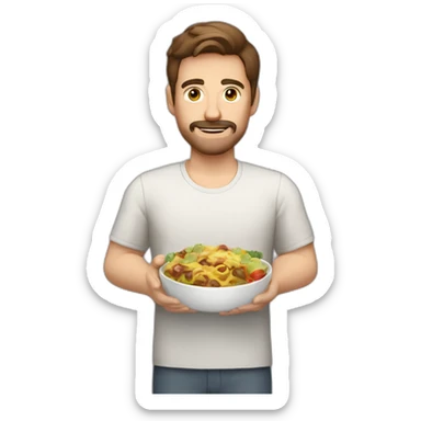 brown hair white guy with little mustache and goatee with meal in hands sticker