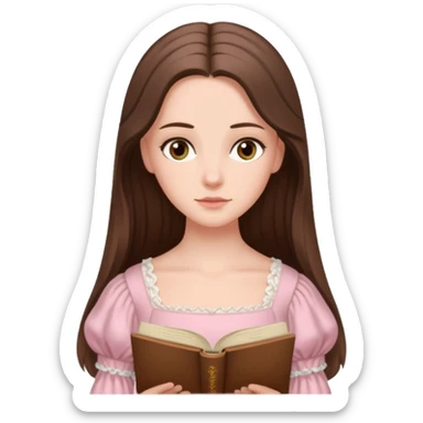  white long brunette hair girl with hazel eyes in light pink reading Pride and Prejudice sticker