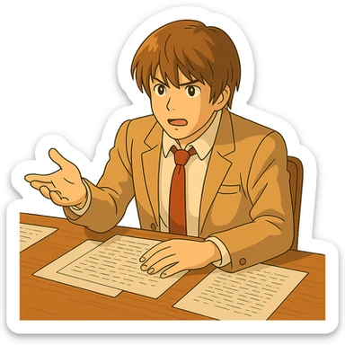 Keep Light Yagami in Ghibli style explaining something, sitting at a desk with papers, with transparent background. sticker