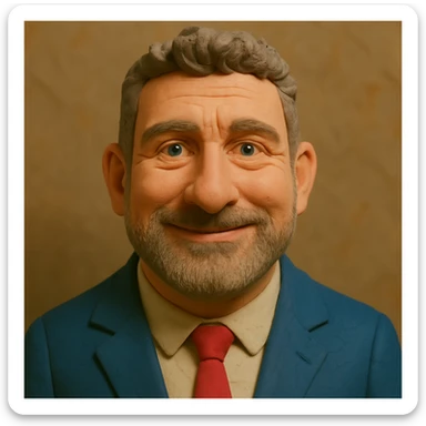 Create a claymation portrait that blends the facial features and expression of the person in the photo with the style and facial proportions of the Gerard Butler-inspired claymation art, featuring a narrower face and slightly larger forehead, using a slightly different expression. sticker
