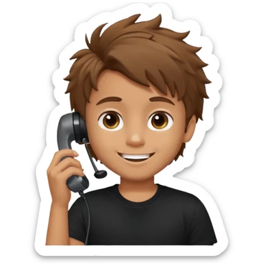 generate a pretty tan bratz boy with brown messy hair smiling while talking on call. Wearing a black tshirt sticker