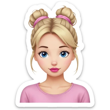 Woman cute, hair in messy bun, sky eyes, pink lips, slight smile sticker
