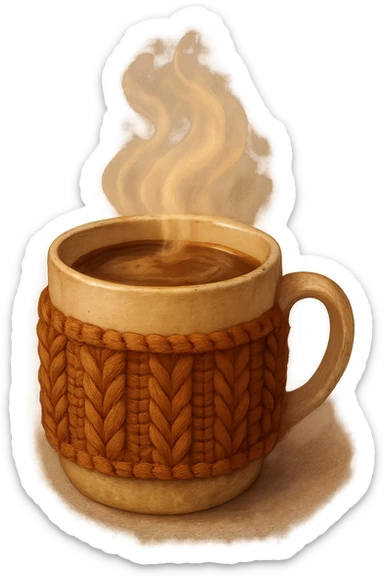 cozy hot cocoa in a knitted mug sleeve, comforting sticker
