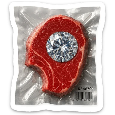 meat steak with sparkling diamond facets, glossy and puffy, vacuum-sealed style sticker