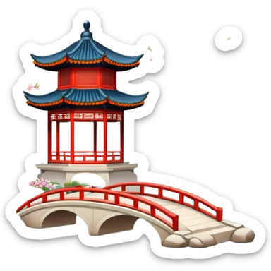 Suzhou garden with spring blossoms and pavilion by pond, simplified emoji style with bold outlines and bright colors, cartoon style traditional Chinese garden sticker