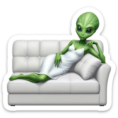 hyper-realistic reptilian green alien woman, in white dress, lie on couch comfy, full figure sticker