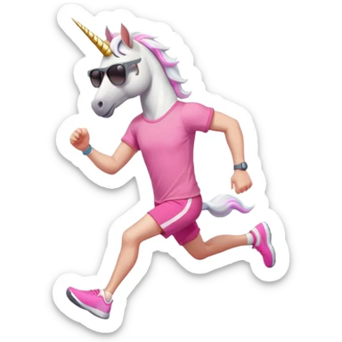 friendly anthropomorphised male white unicorn in grey shorts and pink t-shirt, wearing dark sunglasses, jogging upright in a standard pose sticker