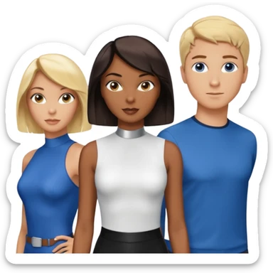 3 Friends standing side by side, charlie's angels style: 1 black woman with a short flat pressed bob, 1 hispanic man with a thin nose and long hair, and 1 white guy with blue eyes and a short brown-blonde haircut sticker