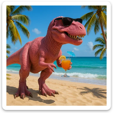 pink t-rex on vacation, realistic style, detailed and lifelike sticker