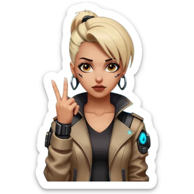 Woman with her tongue out in cyberpunk clothing and giving the middle finger. Looking naughty. sticker