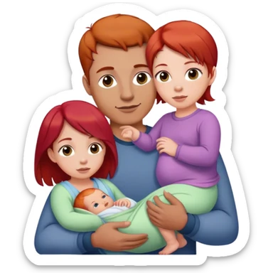Mom with red hair holding 6 month old daughter with light brown hair and dad standing next to them with dark brown hair and sticker