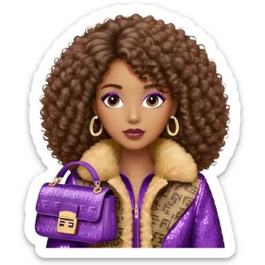 Beautiful black woman with curly hair. She is wearing a brown monogram Fendi jacket with a fur trim. She is carrying a Fendi Baguette
Purple sequined bag. I want the image close up. The jacket is not purple.  sticker