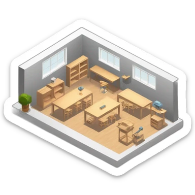 isometric square solid outline border containing indoor creative workshop handmade woodworking factory people actively working cnc machine tools simple clean industrial brutalist sticker