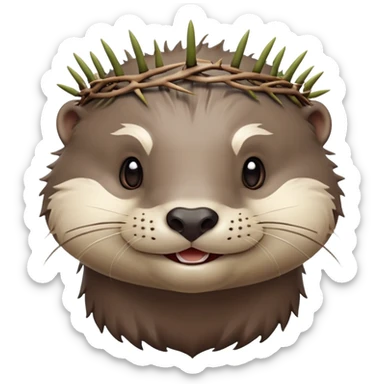 really cute smiling joyful otter face in three-quarter profile view with simple thorny stem wrapped horizontally around its forehead like Jesus Christ's Crown of thorns, no crown shape on top, just thin spiky branches circling the forehead sticker