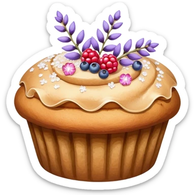 Lavender flower sprigs on a muffin with berries and sugar crystals without frosting  sticker