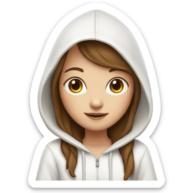 white girl with straight long brown hair and bangs, wearing a white hoodie, holding a laptop in her hands sticker