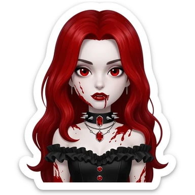 Shiny beautiful cute cool gorgeous attractive gothic vampiric lady with bloody hair, bloody lips, bloody face, blood-choker, spiked collar, frills, black dress, red rubies  sticker